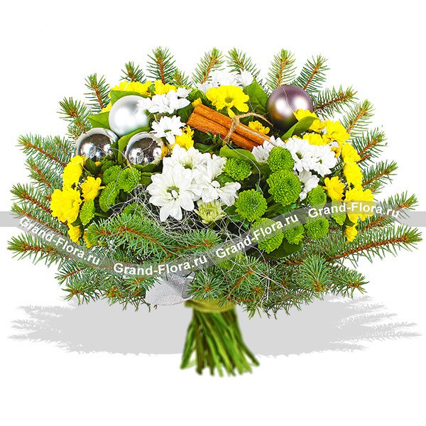 Снежная карусель - новогодний букет из хризантем и декора
